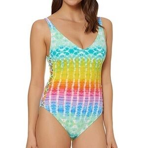 Bleu Rod Beattie Tie Dye Lace-Up One Piece Swimsuit